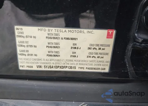 2013 Tesla Model S Performance из США, поврежденный, VIN 5YJSA1DPXDFP13515